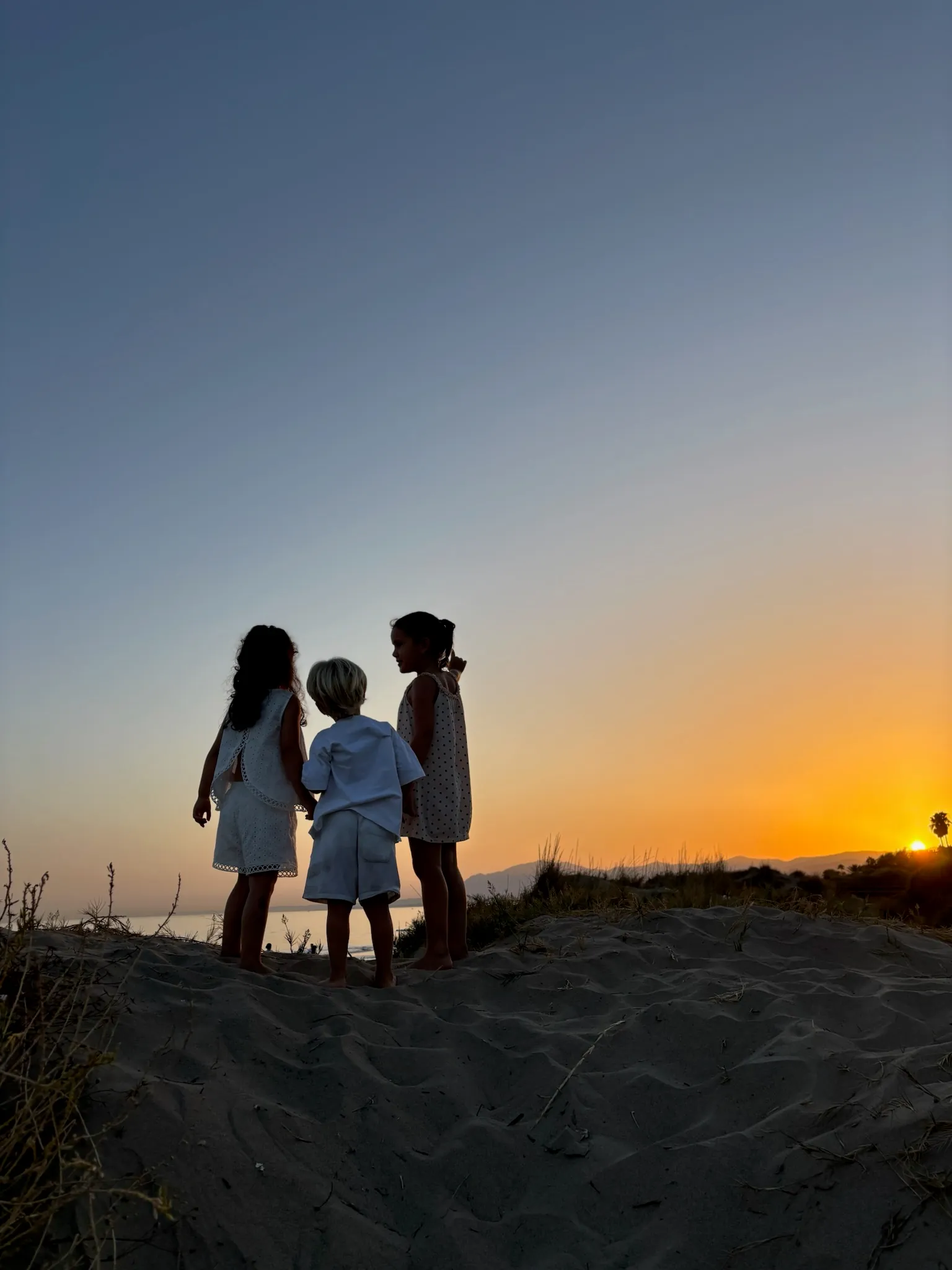 Three children on a dune at sunset, looking out over the sea.